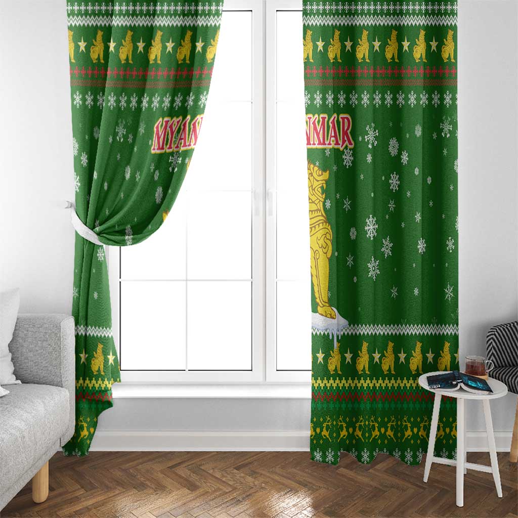 Myanmar Christmas Window Curtain with Green-Gold Theme, Chinthe Lion, and Santa Motif - Wonder Print Shop