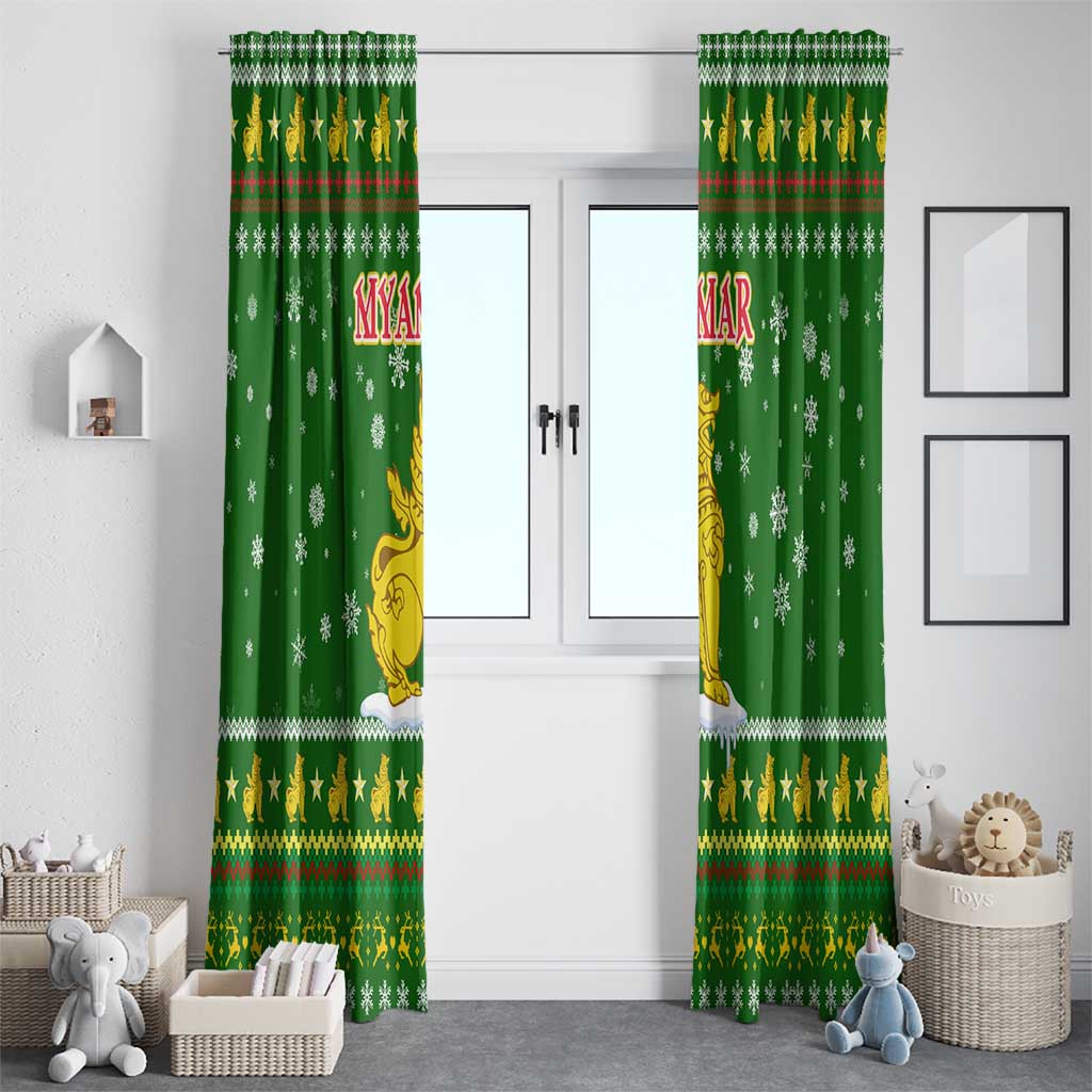 Myanmar Christmas Window Curtain with Green-Gold Theme, Chinthe Lion, and Santa Motif - Wonder Print Shop