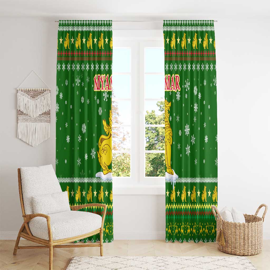 Myanmar Christmas Window Curtain with Green-Gold Theme, Chinthe Lion, and Santa Motif - Wonder Print Shop
