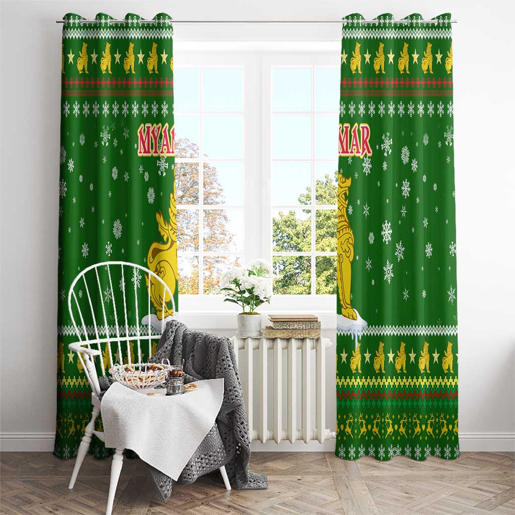 Myanmar Christmas Window Curtain with Green-Gold Theme, Chinthe Lion, and Santa Motif - Wonder Print Shop