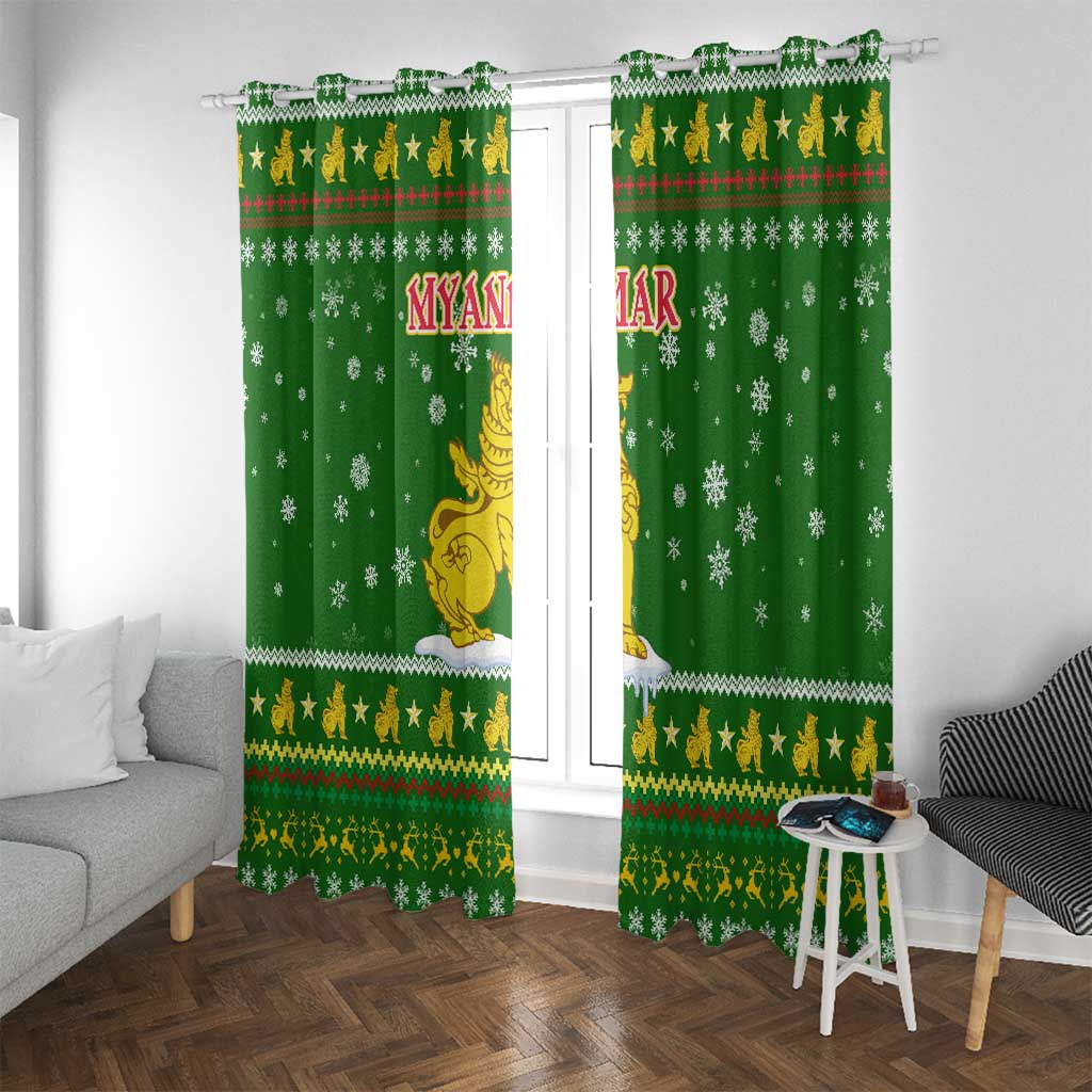 Myanmar Christmas Window Curtain with Green-Gold Theme, Chinthe Lion, and Santa Motif - Wonder Print Shop