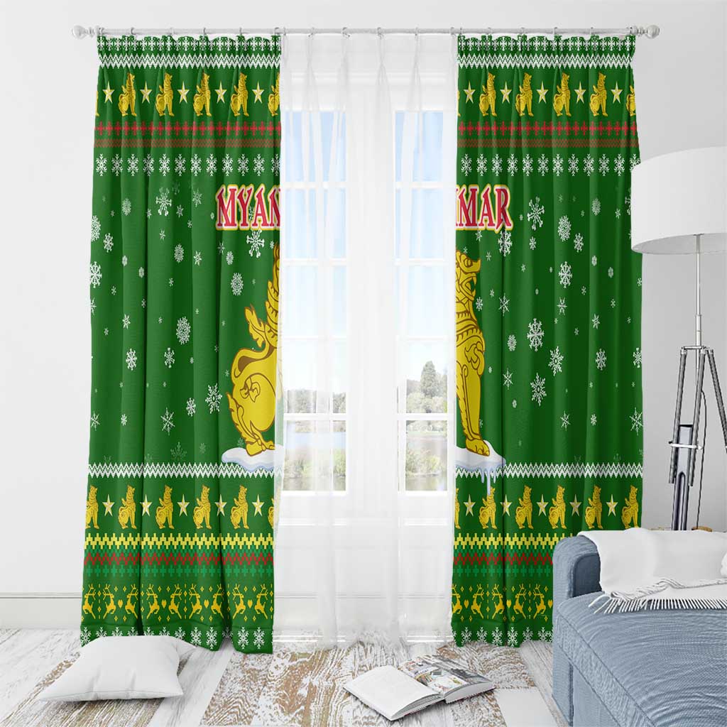 Myanmar Christmas Window Curtain with Green-Gold Theme, Chinthe Lion, and Santa Motif - Wonder Print Shop