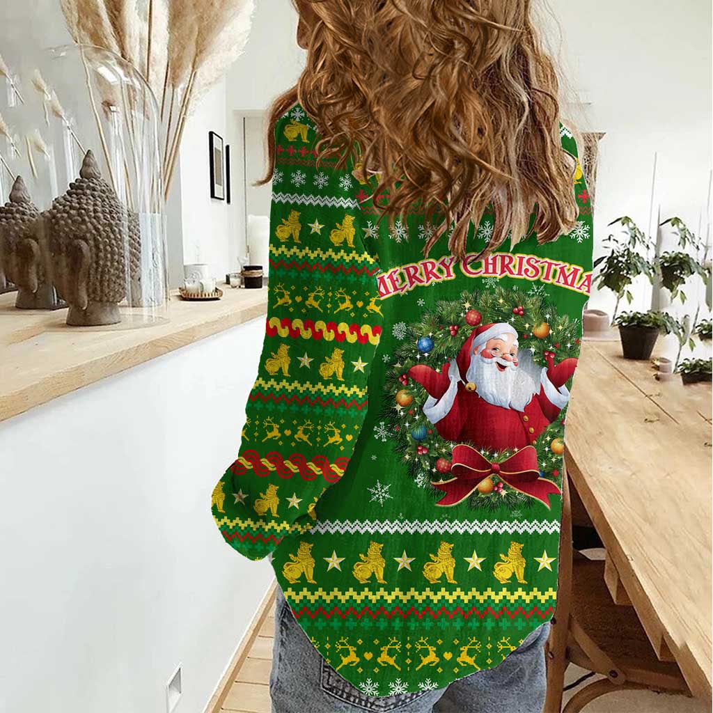 Myanmar Christmas Women Casual Shirt with Green-Gold Theme, Chinthe Lion, and Santa Motif - Wonder Print Shop