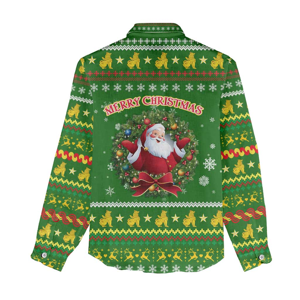 Myanmar Christmas Women Casual Shirt with Green-Gold Theme, Chinthe Lion, and Santa Motif - Wonder Print Shop