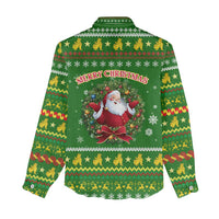 Myanmar Christmas Women Casual Shirt with Green-Gold Theme, Chinthe Lion, and Santa Motif - Wonder Print Shop