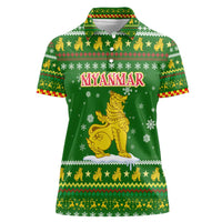 Myanmar Christmas Women Polo Shirt with Green-Gold Theme, Chinthe Lion, and Santa Motif - Wonder Print Shop