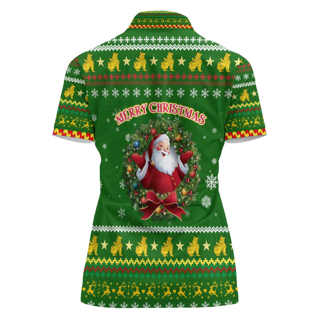 Myanmar Christmas Women Polo Shirt with Green-Gold Theme, Chinthe Lion, and Santa Motif - Wonder Print Shop