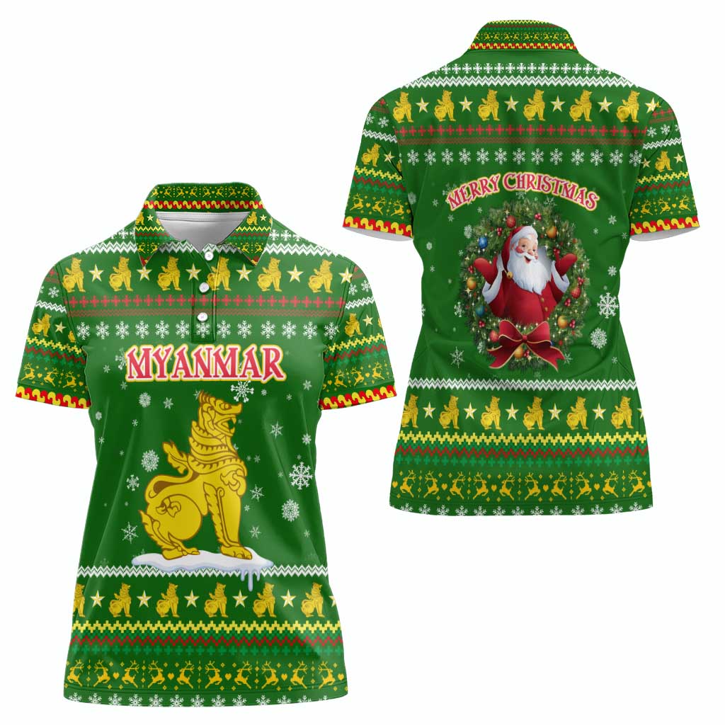Myanmar Christmas Women Polo Shirt with Green-Gold Theme, Chinthe Lion, and Santa Motif - Wonder Print Shop