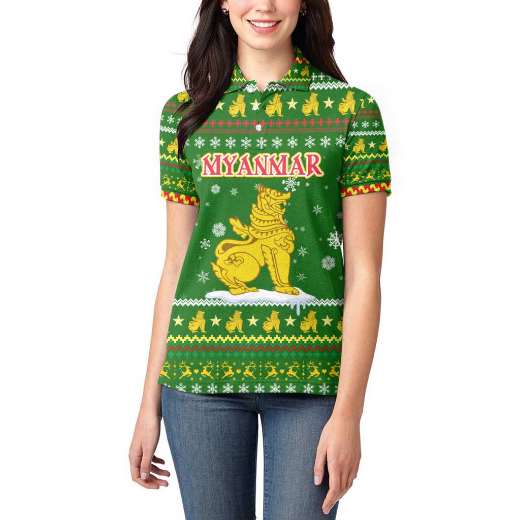 Myanmar Christmas Women Polo Shirt with Green-Gold Theme, Chinthe Lion, and Santa Motif - Wonder Print Shop