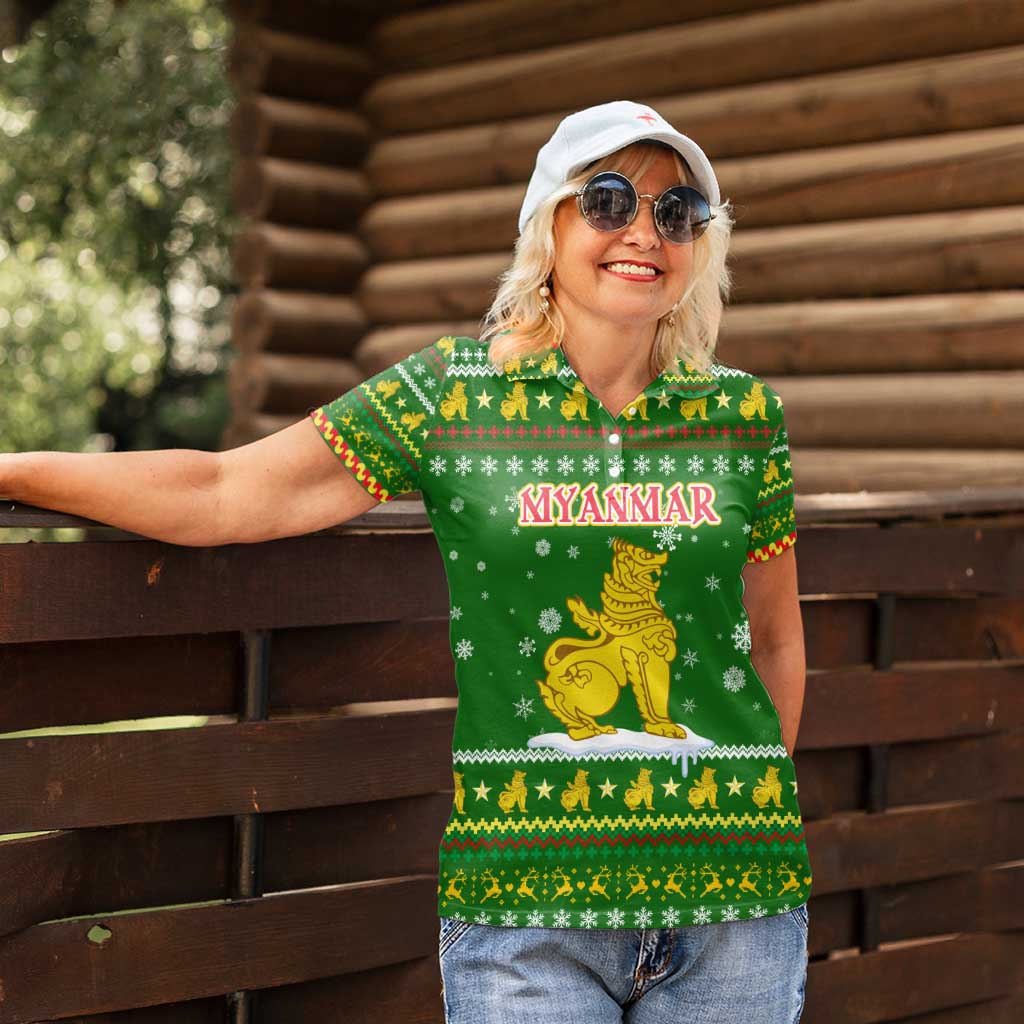 Myanmar Christmas Women Polo Shirt with Green-Gold Theme, Chinthe Lion, and Santa Motif - Wonder Print Shop