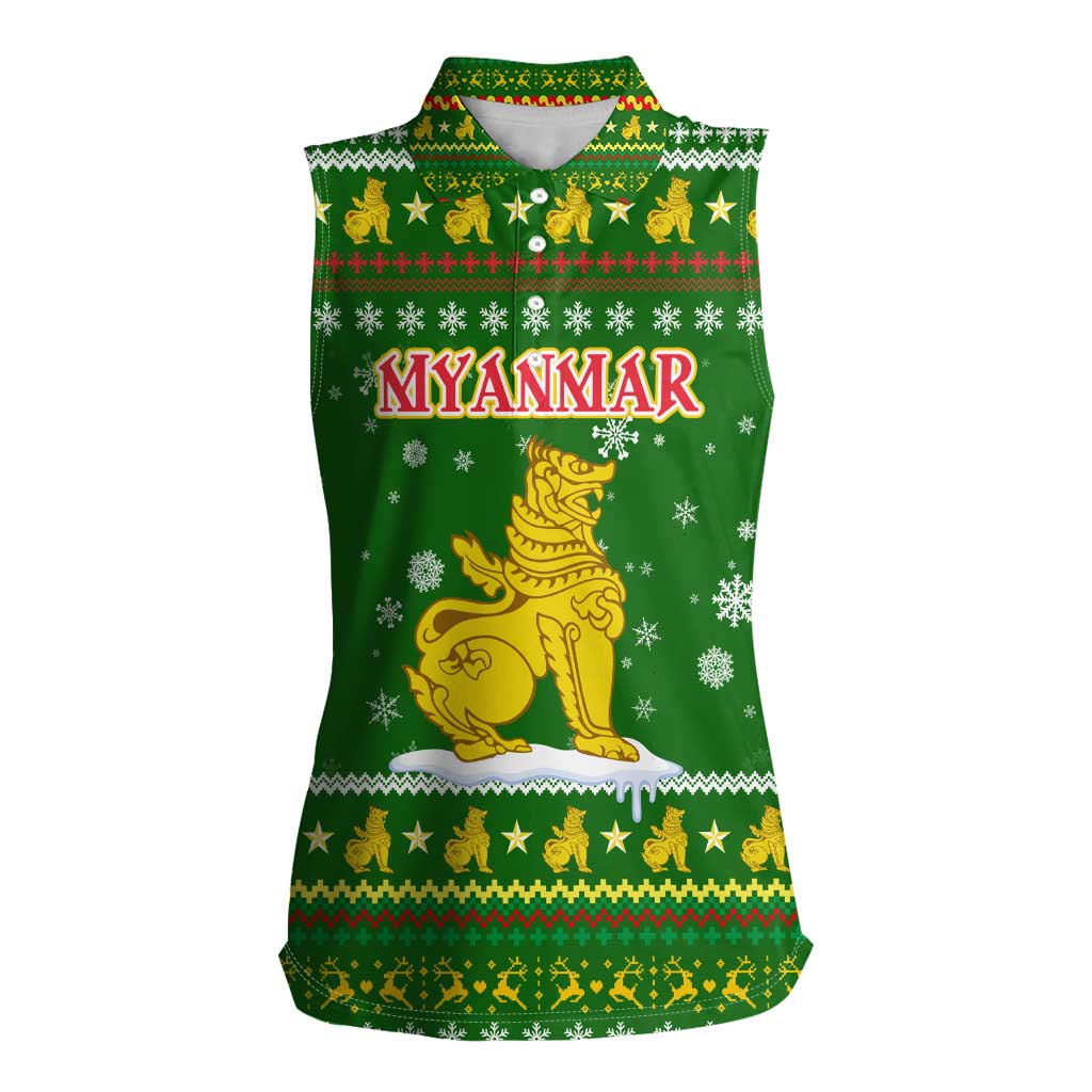Myanmar Christmas Women Sleeveless Polo Shirt with Green-Gold Theme, Chinthe Lion, and Santa Motif - Wonder Print Shop
