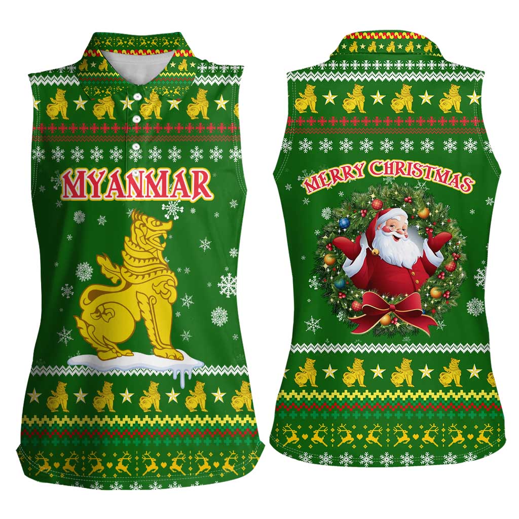 Myanmar Christmas Women Sleeveless Polo Shirt with Green-Gold Theme, Chinthe Lion, and Santa Motif - Wonder Print Shop