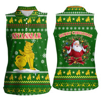 Myanmar Christmas Women Sleeveless Polo Shirt with Green-Gold Theme, Chinthe Lion, and Santa Motif - Wonder Print Shop