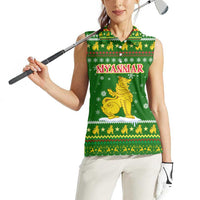 Myanmar Christmas Women Sleeveless Polo Shirt with Green-Gold Theme, Chinthe Lion, and Santa Motif - Wonder Print Shop