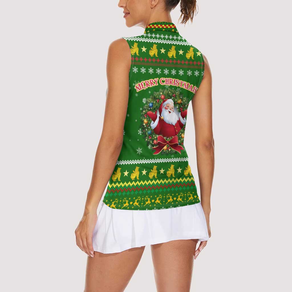 Myanmar Christmas Women Sleeveless Polo Shirt with Green-Gold Theme, Chinthe Lion, and Santa Motif - Wonder Print Shop