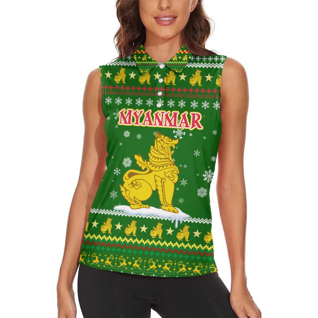 Myanmar Christmas Women Sleeveless Polo Shirt with Green-Gold Theme, Chinthe Lion, and Santa Motif - Wonder Print Shop