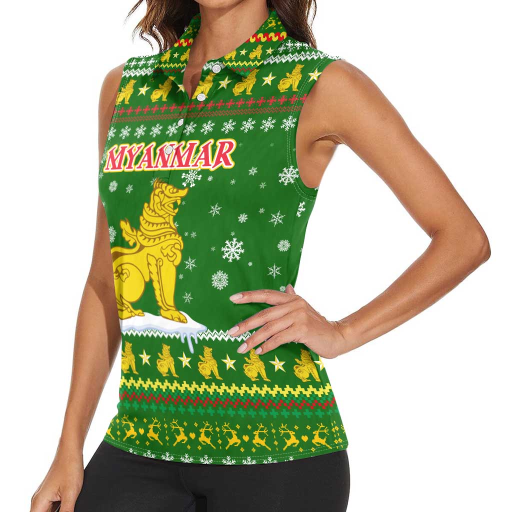 Myanmar Christmas Women Sleeveless Polo Shirt with Green-Gold Theme, Chinthe Lion, and Santa Motif - Wonder Print Shop