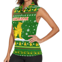 Myanmar Christmas Women Sleeveless Polo Shirt with Green-Gold Theme, Chinthe Lion, and Santa Motif - Wonder Print Shop