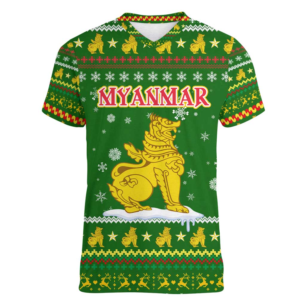 Myanmar Christmas Women V-Neck T-Shirt with Green-Gold Theme, Chinthe Lion, and Santa Motif - Wonder Print Shop