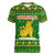 Myanmar Christmas Women V-Neck T-Shirt with Green-Gold Theme, Chinthe Lion, and Santa Motif - Wonder Print Shop