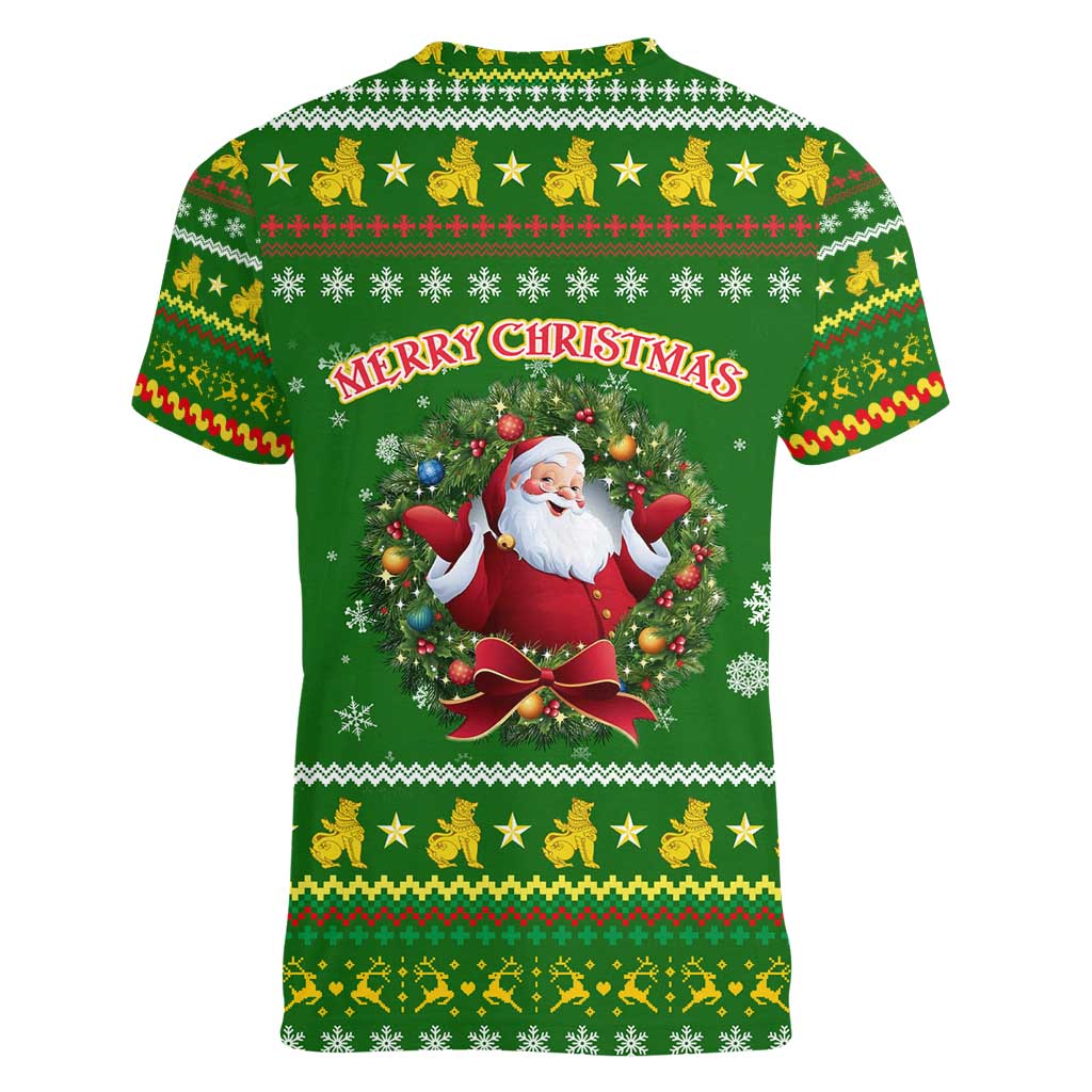 Myanmar Christmas Women V-Neck T-Shirt with Green-Gold Theme, Chinthe Lion, and Santa Motif - Wonder Print Shop