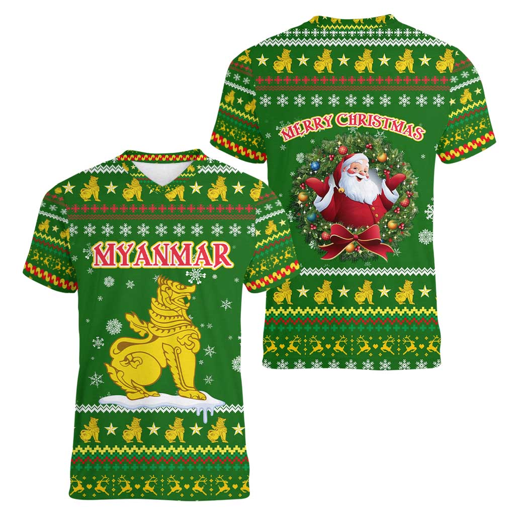 Myanmar Christmas Women V-Neck T-Shirt with Green-Gold Theme, Chinthe Lion, and Santa Motif - Wonder Print Shop