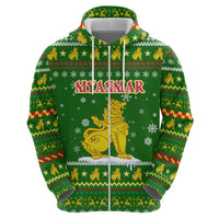 Myanmar Christmas Zip Hoodie with Green-Gold Theme, Chinthe Lion, and Santa Motif - Wonder Print Shop