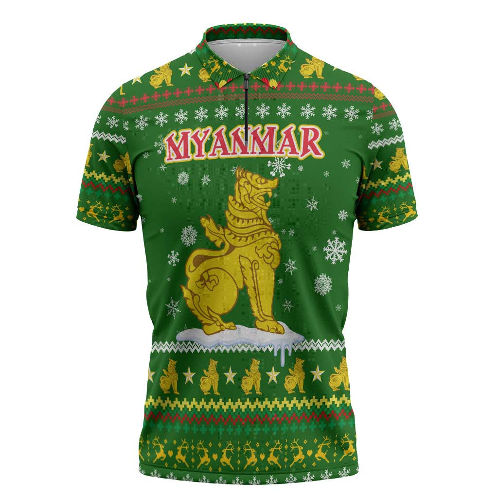 Myanmar Christmas Zipper Polo Shirt with Green-Gold Theme, Chinthe Lion, and Santa Motif - Wonder Print Shop