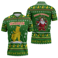 Myanmar Christmas Zipper Polo Shirt with Green-Gold Theme, Chinthe Lion, and Santa Motif - Wonder Print Shop