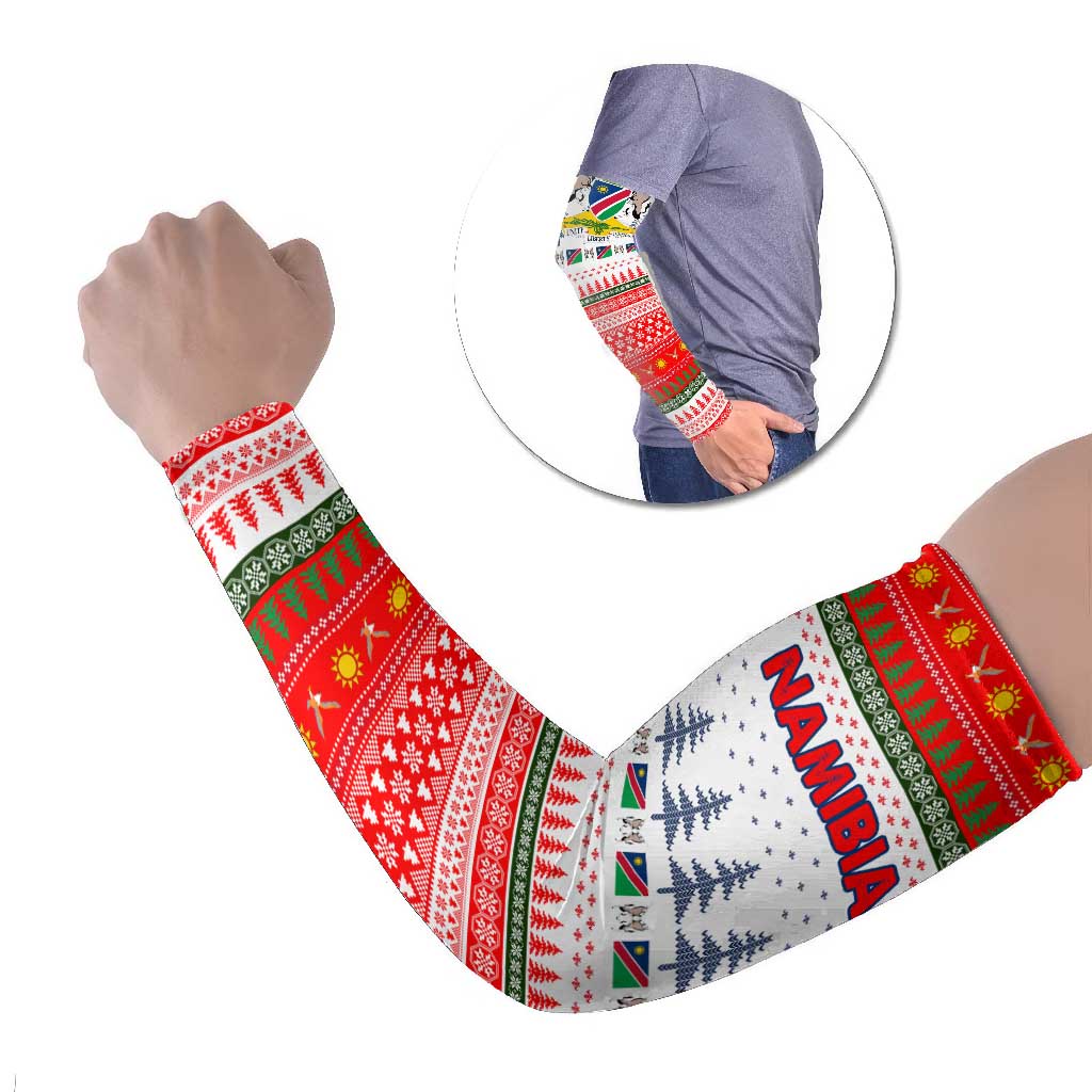 Namibia Christmas Arm Sleeves with Red-Green Theme, Coat of Arms, and National Flag Motif - Wonder Print Shop
