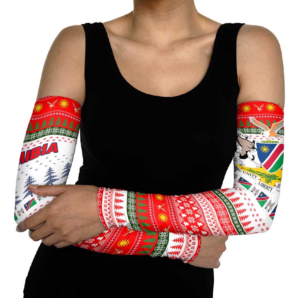 Namibia Christmas Arm Sleeves with Red-Green Theme, Coat of Arms, and National Flag Motif - Wonder Print Shop