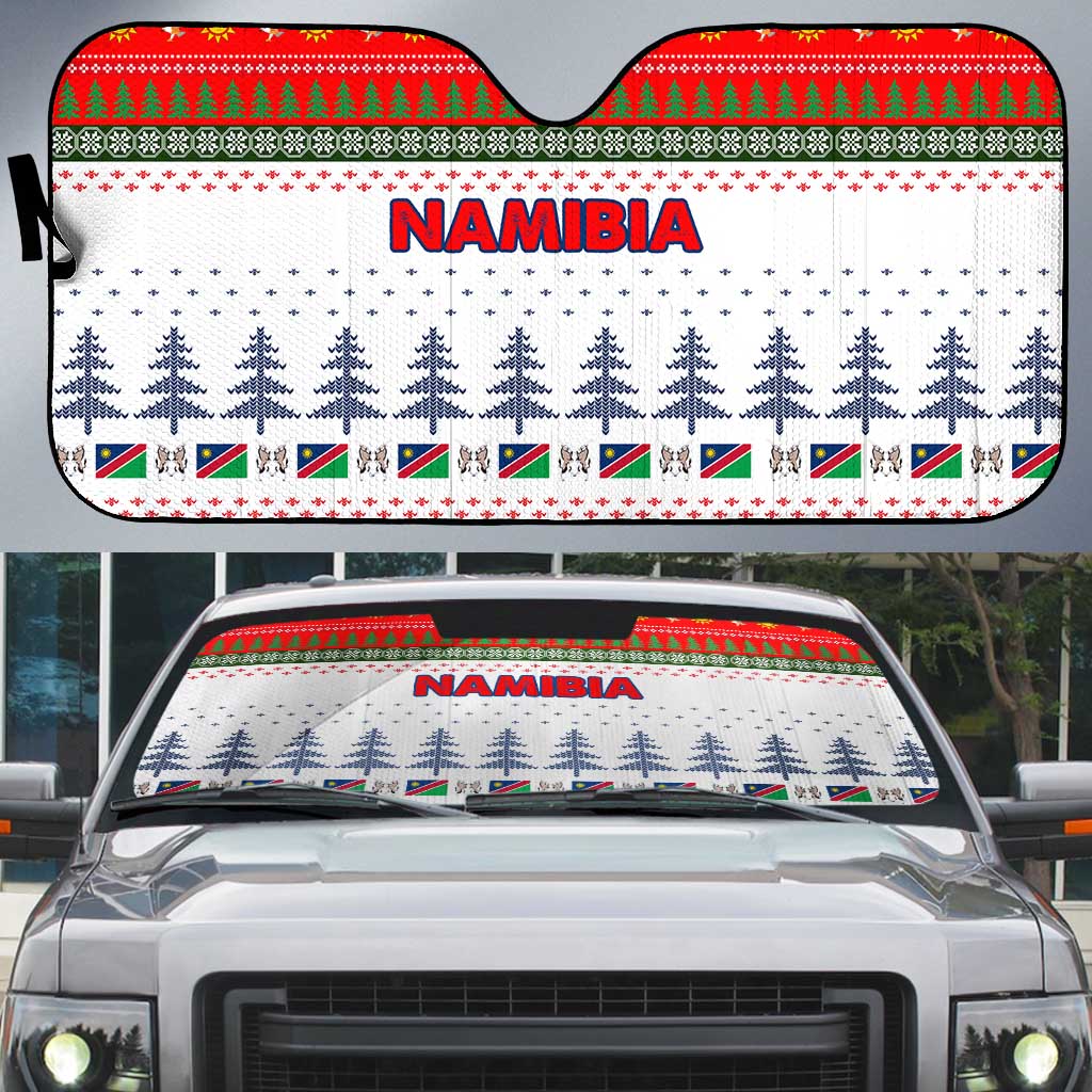 Namibia Christmas Auto Sun Shade with Red-Green Theme, Coat of Arms, and National Flag Motif - Wonder Print Shop