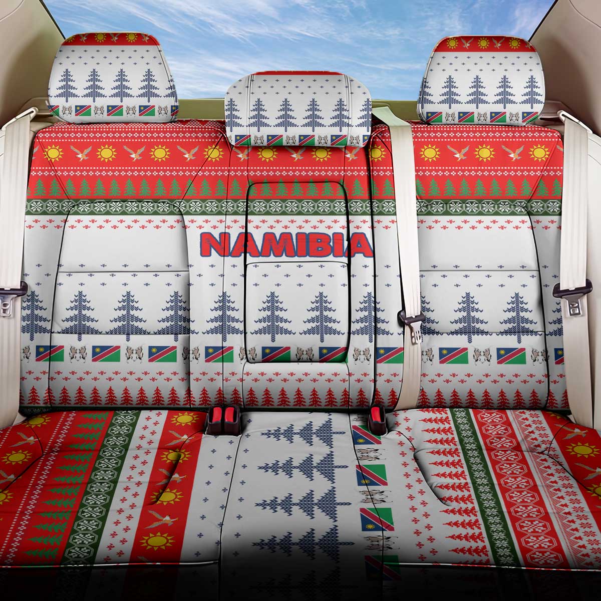Namibia Christmas Back Car Seat Cover with Red-Green Theme, Coat of Arms, and National Flag Motif - Wonder Print Shop
