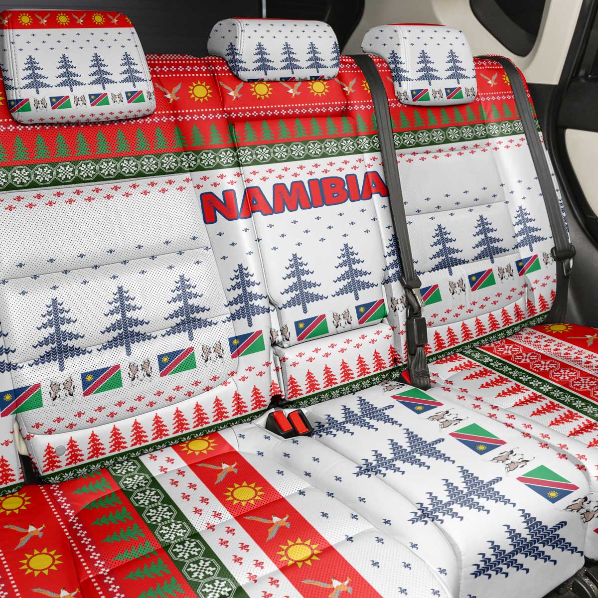 Namibia Christmas Back Car Seat Cover with Red-Green Theme, Coat of Arms, and National Flag Motif - Wonder Print Shop