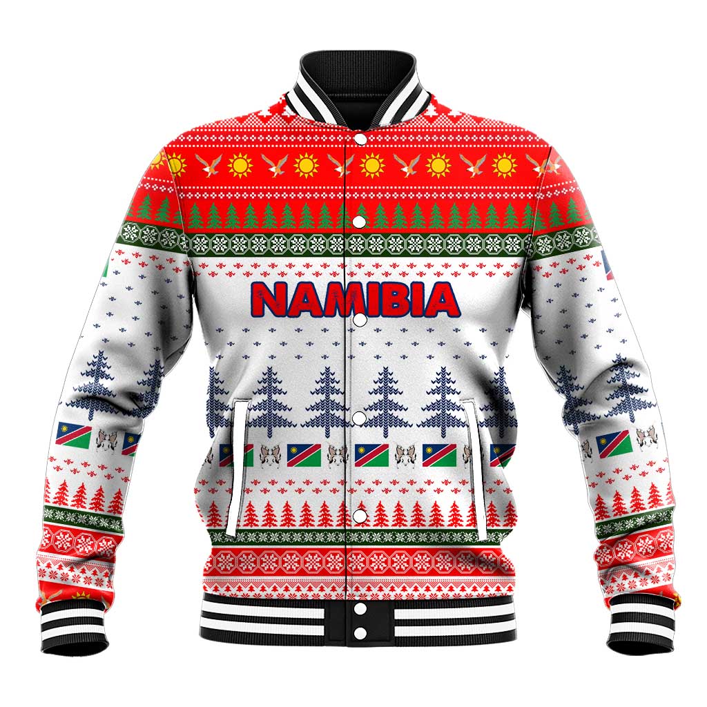 Namibia Christmas Baseball Jacket with Red-Green Theme, Coat of Arms, and National Flag Motif - Wonder Print Shop