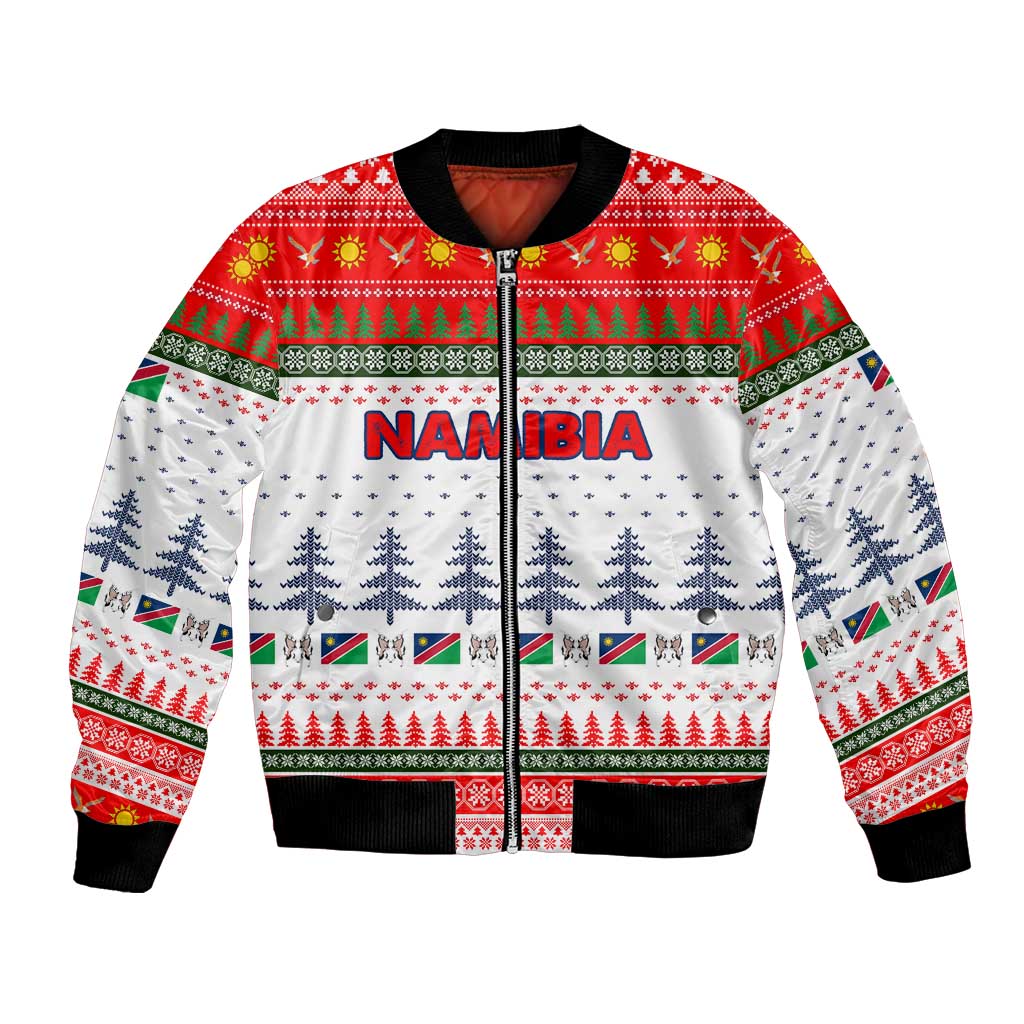 Namibia Christmas Bomber Jacket with Red-Green Theme, Coat of Arms, and National Flag Motif - Wonder Print Shop