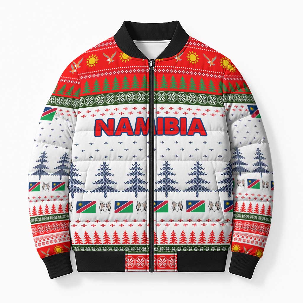 Namibia Christmas Bomber Puffer Jacket with Red-Green Theme, Coat of Arms, and National Flag Motif - Wonder Print Shop
