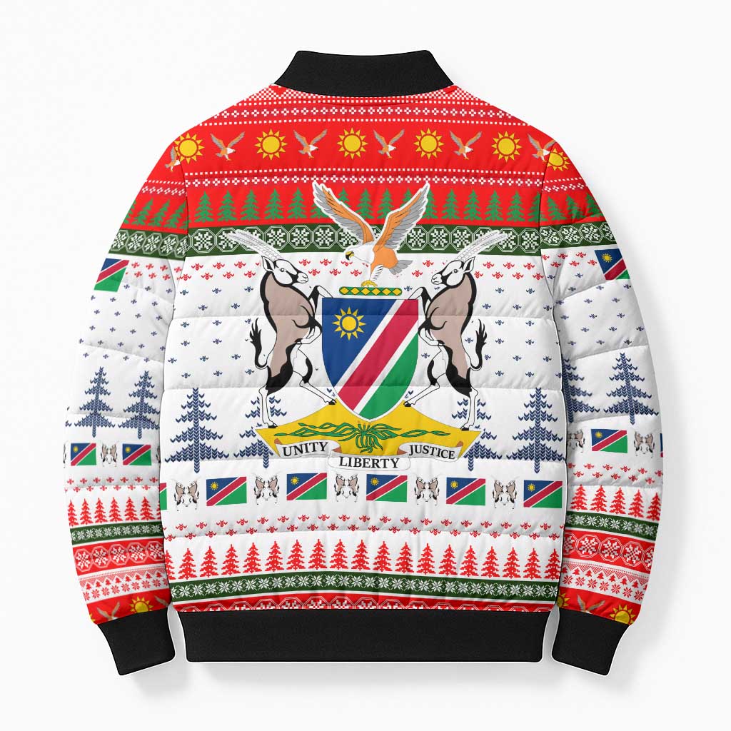 Namibia Christmas Bomber Puffer Jacket with Red-Green Theme, Coat of Arms, and National Flag Motif - Wonder Print Shop