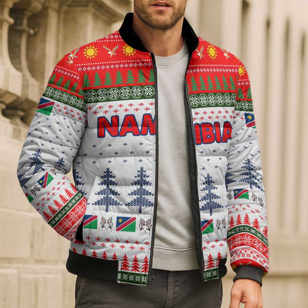 Namibia Christmas Bomber Puffer Jacket with Red-Green Theme, Coat of Arms, and National Flag Motif - Wonder Print Shop