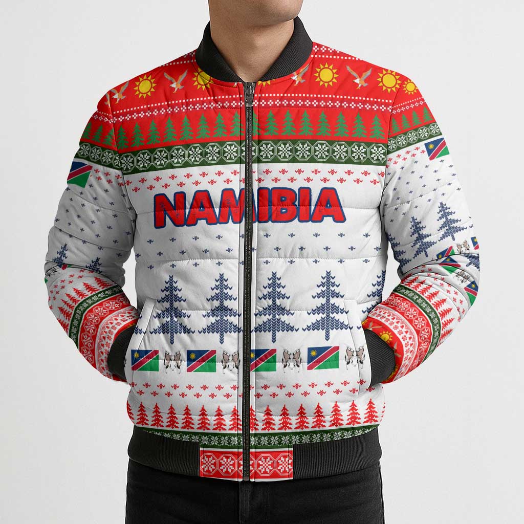 Namibia Christmas Bomber Puffer Jacket with Red-Green Theme, Coat of Arms, and National Flag Motif - Wonder Print Shop