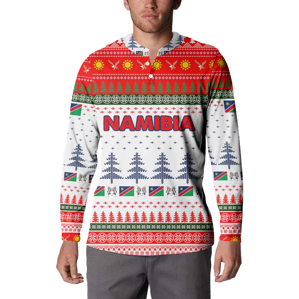 Namibia Christmas Button Sweatshirt with Red-Green Theme, Coat of Arms, and National Flag Motif - Wonder Print Shop