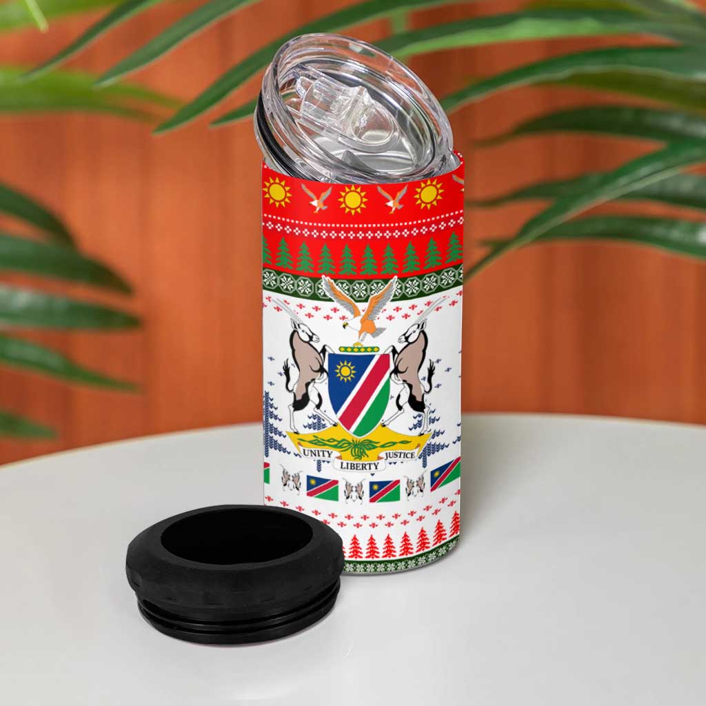 Namibia Christmas 4 in 1 Can Cooler Tumbler with Red-Green Theme, Coat of Arms, and National Flag Motif - Wonder Print Shop