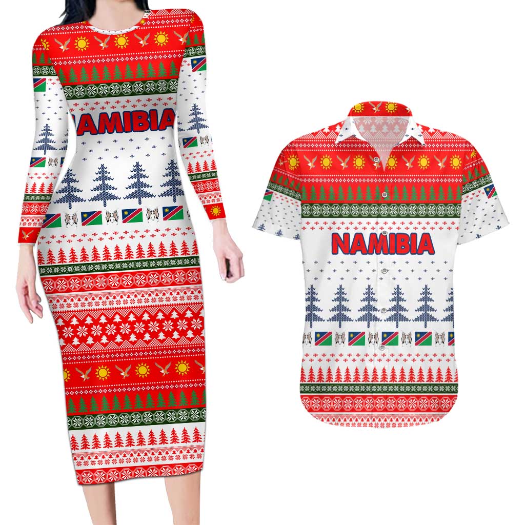 Namibia Christmas Couples Matching Long Sleeve Bodycon Dress and Hawaiian Shirt with Red-Green Theme, Coat of Arms, and National Flag Motif - Wonder Print Shop