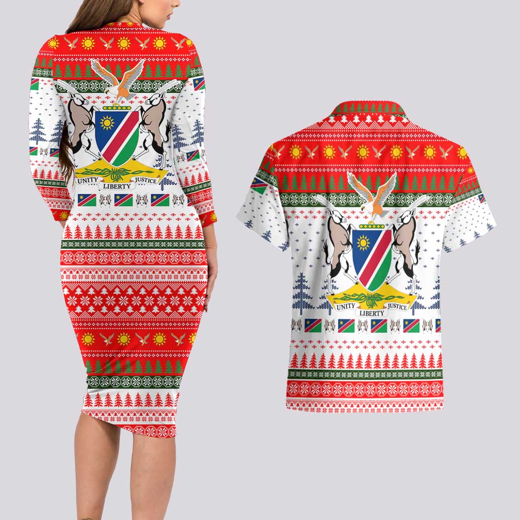 Namibia Christmas Couples Matching Long Sleeve Bodycon Dress and Hawaiian Shirt with Red-Green Theme, Coat of Arms, and National Flag Motif - Wonder Print Shop