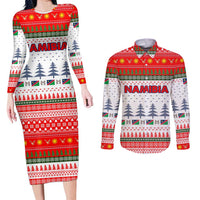 Namibia Christmas Couples Matching Long Sleeve Bodycon Dress and Long Sleeve Button Shirt with Red-Green Theme, Coat of Arms, and National Flag Motif - Wonder Print Shop