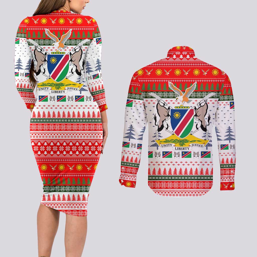 Namibia Christmas Couples Matching Long Sleeve Bodycon Dress and Long Sleeve Button Shirt with Red-Green Theme, Coat of Arms, and National Flag Motif - Wonder Print Shop