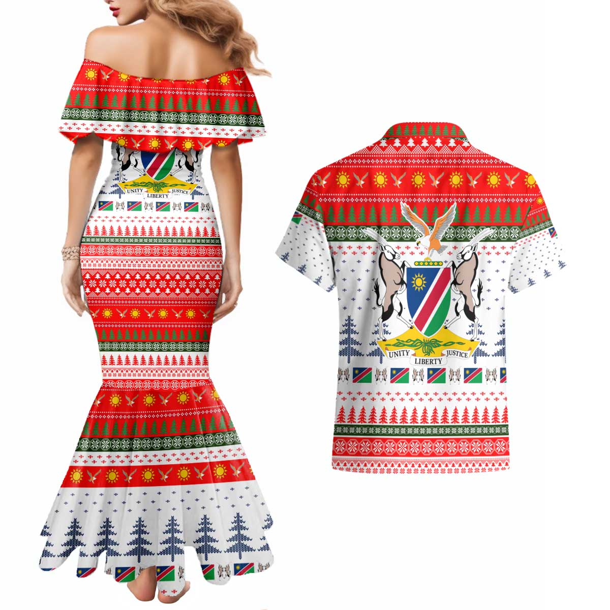 Namibia Christmas Couples Matching Mermaid Dress and Hawaiian Shirt with Red-Green Theme, Coat of Arms, and National Flag Motif - Wonder Print Shop