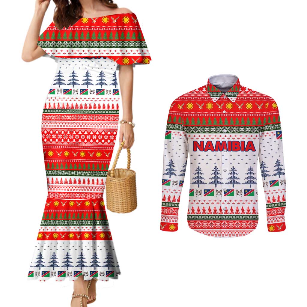 Namibia Christmas Couples Matching Mermaid Dress and Long Sleeve Button Shirt with Red-Green Theme, Coat of Arms, and National Flag Motif - Wonder Print Shop