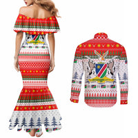 Namibia Christmas Couples Matching Mermaid Dress and Long Sleeve Button Shirt with Red-Green Theme, Coat of Arms, and National Flag Motif - Wonder Print Shop