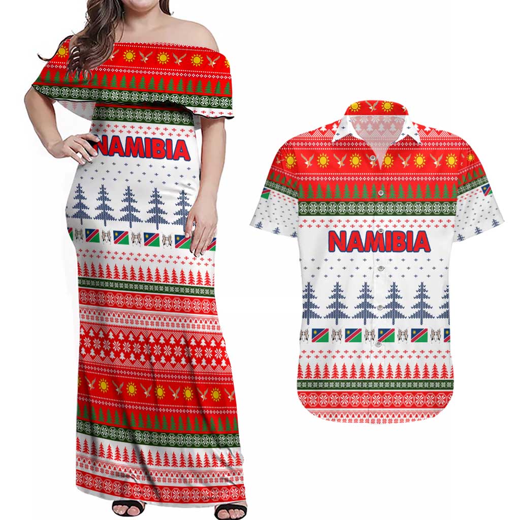 Namibia Christmas Couples Matching Off Shoulder Maxi Dress and Hawaiian Shirt with Red-Green Theme, Coat of Arms, and National Flag Motif - Wonder Print Shop